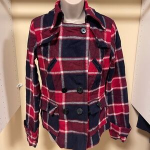 American Eagle Red & Navy Plaid Pea Coat
